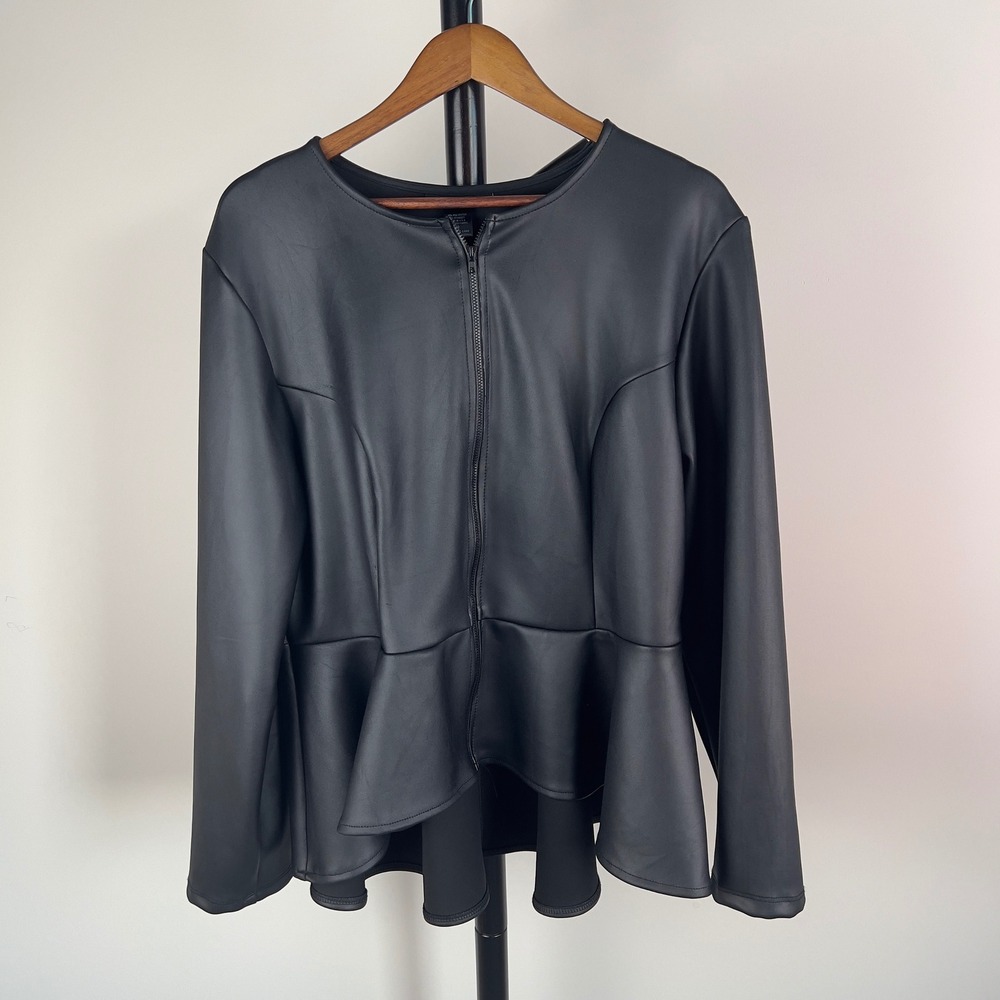 Ashley Stewart Black Faux Leather Peplum Zip Front Top Long Sleeve Size 20